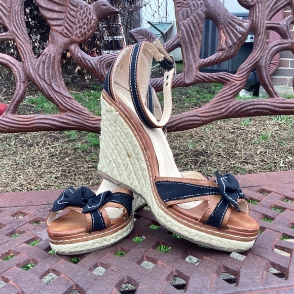 Bamboo Vegan Leather Black Fabric Detail Platform Wedge Heel/ Sandal Siz… - Picture 8 of 10